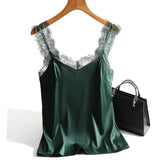Sexy Lace Tank Tops Women Silk Sleeveless V Neck Womens Camisole Halte Tank Top Feminino Slim White Summer Woman