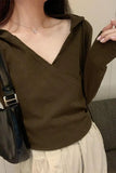 V-Necked, Shoulder Padded, Long-Sleeved T-Shirt With New Autumn And Winter Waist And Short Style Lazy Wind