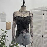 Vintage Dye Mesh Spliced Denim Shoulder Long-Sleeved T-Shirt T-Shirt T-Shirt Dress