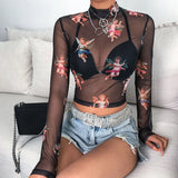Zingj Sleeve Cupid Print T-Shirt Girl Autumn Burst Half High Collar Mesh Crop Street Top Girl-Outfit