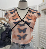 Sexy Hottie V-Neck Butterfly Print Short-Sleeved T-Shirt Slime Short-Navel Net T-Shirt Girl