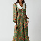 Zingj Early Spring Temperament Design Sense Print Long Skirt Doll Collar Waist Show Thin New Long-Sleeved Dress-Outfit