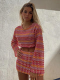 Colorful Print Women Lace Hip Wrap Mini Skirt Set Sexy O Neck Flare Sleeve Cropped Top Suit Summer New Lady Vacation