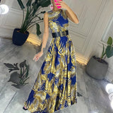 Crew Neck Pleated Long Dress Summer Women Loose A-Line Beach Dresses 2022 Elegant Lady Leaves Print Party Maxi