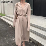 Vintage Women Knitted Dress Autumn Winter Brief V-neck Warm Drawstring Lace-up Loose Midi Female Sweater Dress