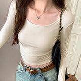 Girls' Short U-Collar Bottomed Shirt Women's Early Autumn New Long-Sleeved T-Shirt With A Shoulder Blouse Inside The