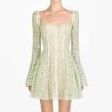 Long Sleeve Square Neck Floral Embroidered Mini Dress- Outfit