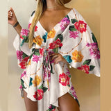 Women Elegant Dresses Sexy V Neck Lace-up Floral Print Mini Dress Casual Flared Sleeves Irregular Ladies Party