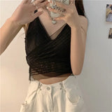 Women Mesh Slim Tops Hot Girls Summer Popular Teenagers Chic Solid V-neck Sexy Stylish Korean Style Mujer New