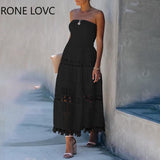 Women Sexy Bandeau Hollow Out Flower Detail Maxi Dress Party Dress Elegant Fashion Chic