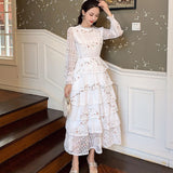 Layer Ruffles Lace Maxi Dress Runway Summer Women White Floral Embroidery Long Dress Hollow Out Cake Party