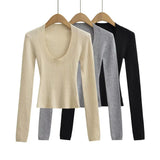 Zingj Trendy Women's Deep U-Collar Long-Sleeved Bottomed Blouse A New Slim Sweater In Autumn And