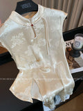 New Chinese Style Light Style Blouse Women's Summer Short Style Slim High Feel Plate Button Thin Satin Broken Flower