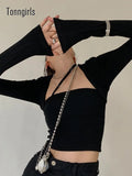 Grunge T-shirt Women Long Sleeve Skinny Fake Two Pieces Tops Black Crop Top Y2k Vintage Tops Korean Style Tshits