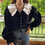French Style Black Velvet Shirt Double Lace Collar V-neck Lantern Sleeve Chic Autumn Blouse Womens Velour Tops