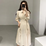 Summer 2021 New Women Dress Long Sleeve Turn Down Collar Shirt Lace Up Ladies Casual Dresses