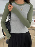 Contrast Color Raglan Slim Long Sleeve Knit-Outfit