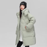 Long Down Jacket Female 2024 Winter New Fashion Hoodie Loose And Thick White Duck Velvet Over The Knee Coat Tide-Outfit