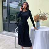 Summer autumn casual New Fashion Womens High Waist Korea High Waist Bow sexy Fold Full Sleeve Dress Dresses Maxi