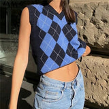 Loose Diamond Shape V-neck Knitwear Korean Female Autumn Black Chic Knit Top Jumper Women Sleeveless Sweater