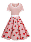 Pink Summer Women Casual Dresses With Belt 1950s Style Retro Sundress Robe De Cocktail Party Pinup Rockabilly