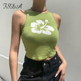 2021 Green Print Casual Crop Top Women Sleeveless Summer Blue T Shirts Off Shoulder Sexy Tank Tops Vintage