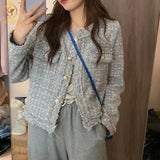 New Fashion Korean Chic Vintage Tweed Woolen Jacket Coat Women Autumn Single Breasted Plaid Tassel Office Lady