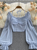 Zingj Polka Dot Folds Short Blouse Summer Slash Neck Long Sleeve Women Tie Halter Elastic Waist Fashion French Beach Top 211-1-Outfit