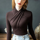 Halter Collar Elegant Tshirts Women Long Sleeve Soft Base Tees 2023 Autumn Winter Female T Shirt