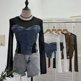 Spice Girls Design Sense Net纱 Stitched With Denim Blouse Long-Sleeved Bottom Shirts To Dress Short Niche T-Shirt