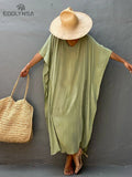 Solid Plus Size Long Kaftan Casual V-neck Robe Summer Batwing Sleeve Woman Clothing Side Split Beachwear Maxi Dress