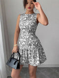 French Elegant Floral Print Sleeveless Bundle With Mini