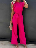 Summer Jumpsuits Women Holiday Casual Half Sleeves Bodysuit Print One Piece Outfits Wide Leg Pink Trousers Loose Long
