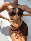 Sexy Woman Clothes Summer Halter Lace-up Three Pieces Sets Swimsuit Separate Swimwear Solid Low Waist Beachwear Bikini