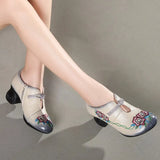 Women Embroidery Pumps Grey Lady 6CM High Heels Shoes Handmade Women Genuine Leather Pumps Autumn