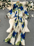 American Fashion Senior Suits Bow Collar Batwing Sleeve Top+Pleated Long Pant 2023 Women Casual Loose Printed