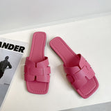 Version Of The Solid-Color Flat-Bottomed Slippers Women Slippers Square Head Breathable One Foot Pedal Home Slippers