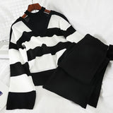 2PCS Set Women Knitted Pullovers Sweater Halter Stripe Knit Jumper Tops + Wide Leg Long Pants Suits
