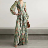 V-Neck Backless Hollow Out Dress 2022 Summer Women Long Lantern Sleeve Club Party Long Maxi Dresses Vestidos De Festa