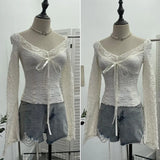 Real Shooting Merard Wind Strapted Bow Splicing Lace Pure Desire Blouse Folding Body Short Blouse
