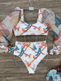 New Sexy High Waist Bikini Set Belt Bottom Swimwear Women Long Sleeve Bather Suit Beachwear Printed Biquini