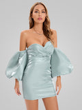 Off Shoulder Puff Sleeves Mini Slim Dress Women V Neck Strapless Lantern Sleeve Mini Dress Celebrity Party Club Satin
