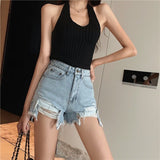 Women Hole Fashion Basic Korean Version Denim Loose Casual High Waist Harajuku Feminine Summer Classy Student Fit