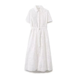 New Fashion Lapel Short Sleeve Pure White Embroidered Shirt Dress Women