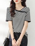 Thin Style 2025 New Retro-Collending V-Neck Striped Knitted Shirt Short-Sleeved T-Shirt Top For Women's