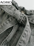 Women Vintage Blue Denim Shorts with Belt Zipper Pockets Female Retro Casual Shorts Pantalones