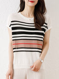 T Shirt Summer Fashion New Patchwork Striped Casual Knitting Tops Female O Neck Short Sleeve Loose Thin Tee Shirts