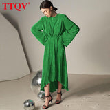 Elegant Green Pleated Dresses For Women 2022 Autumn O-neck Long Sleeve Midi Dresses Casual Loose High Waisted Female