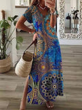 Summer Beach Sundress Robe Female Casual Vintage Printed Loose Beach Long Dress Women Hollow Out Short Sleeve