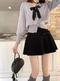 Bow Solid High Waist Pleated A-line Skirt- Outfit